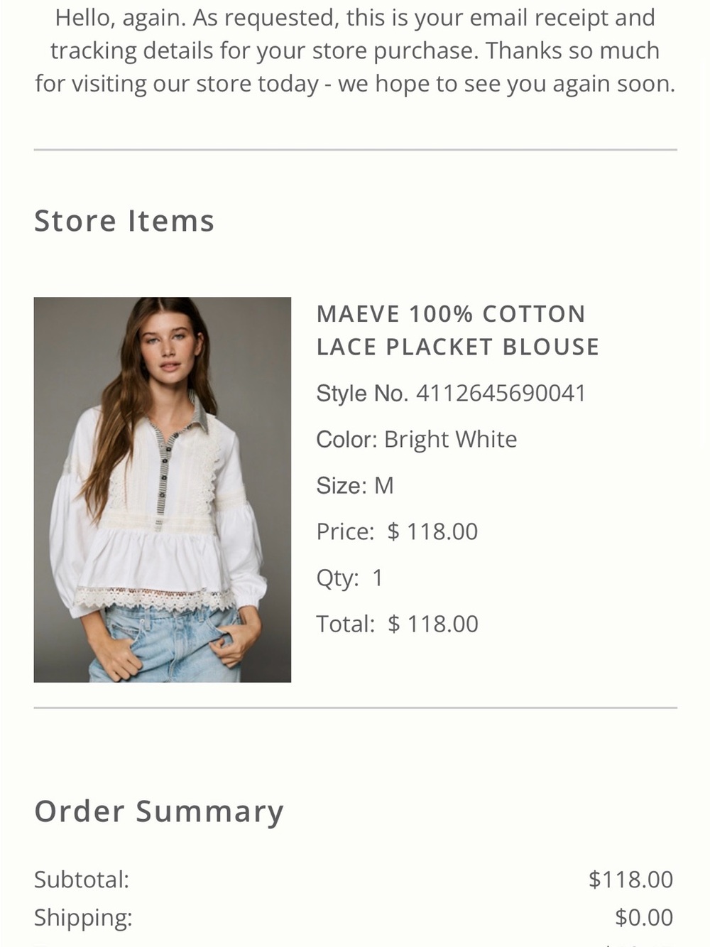 Maeve 100% Cotton Lace Placket Blouse - M - Bright White - Picture 2 of 3